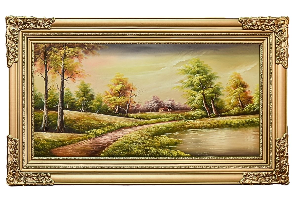Discover the serene beauty of our hand-painted oil painting featuring a verdant lakeside scene. This classical landscape artwork, complete with an elegant ready to hang golden frame, is perfect for adding tranquility and elegance to any space. Shop now for unique wall art and elevate your home decor.