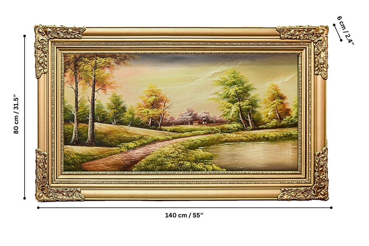 Discover the serene beauty of our hand-painted oil painting featuring a verdant lakeside scene. This classical landscape artwork, complete with an elegant ready to hang golden frame, is perfect for adding tranquility and elegance to any space. Shop now for unique wall art and elevate your home decor.
