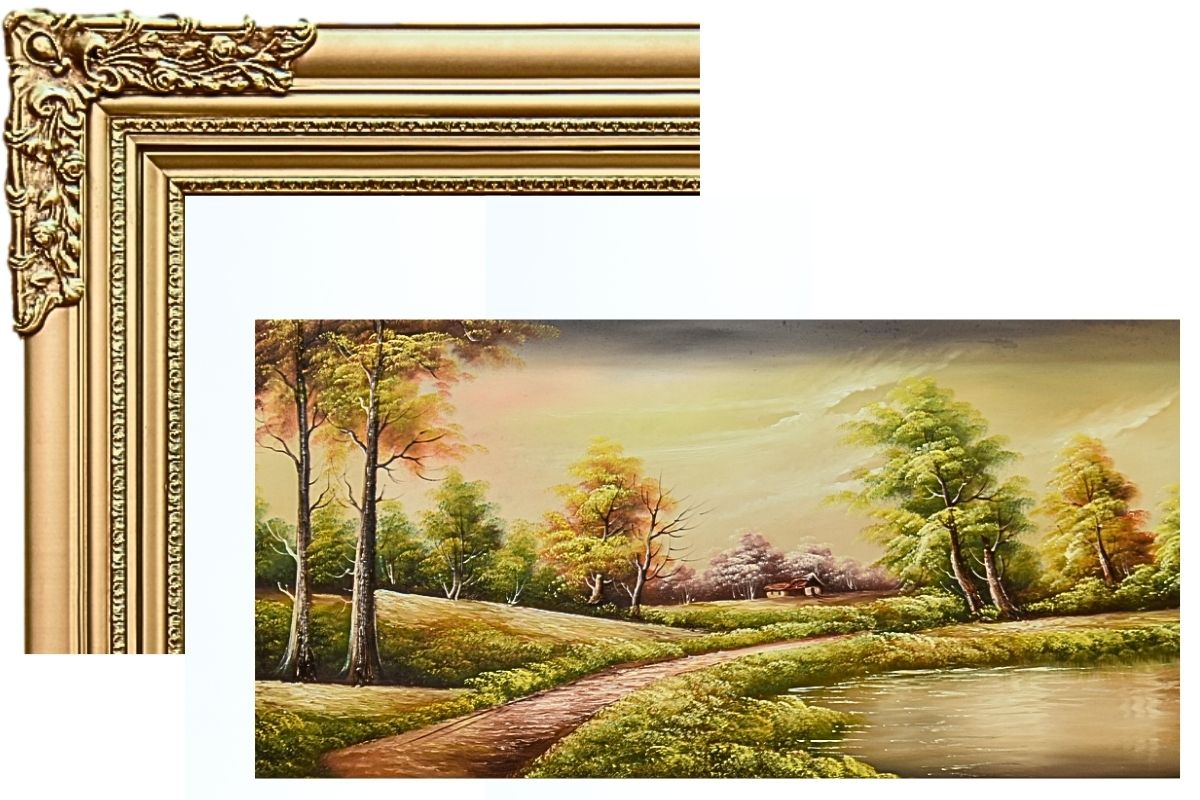 Discover the serene beauty of our hand-painted oil painting featuring a verdant lakeside scene. This classical landscape artwork, complete with an elegant ready to hang golden frame, is perfect for adding tranquility and elegance to any space. Shop now for unique wall art and elevate your home decor.