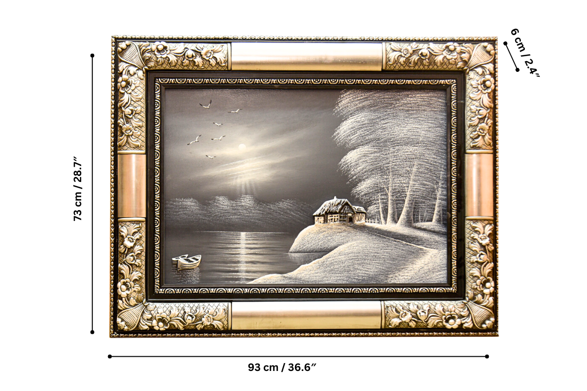 Add a touch of sophistication to your decor with this hand-painted oil painting. Showcasing a serene moonlit lakeside scene in a refined silver frame, it’s crafted on durable wood for lasting beauty. Ready to hang with free UK delivery and worldwide shipping. Order online for tranquil elegance! Handmade EGY, London, UK