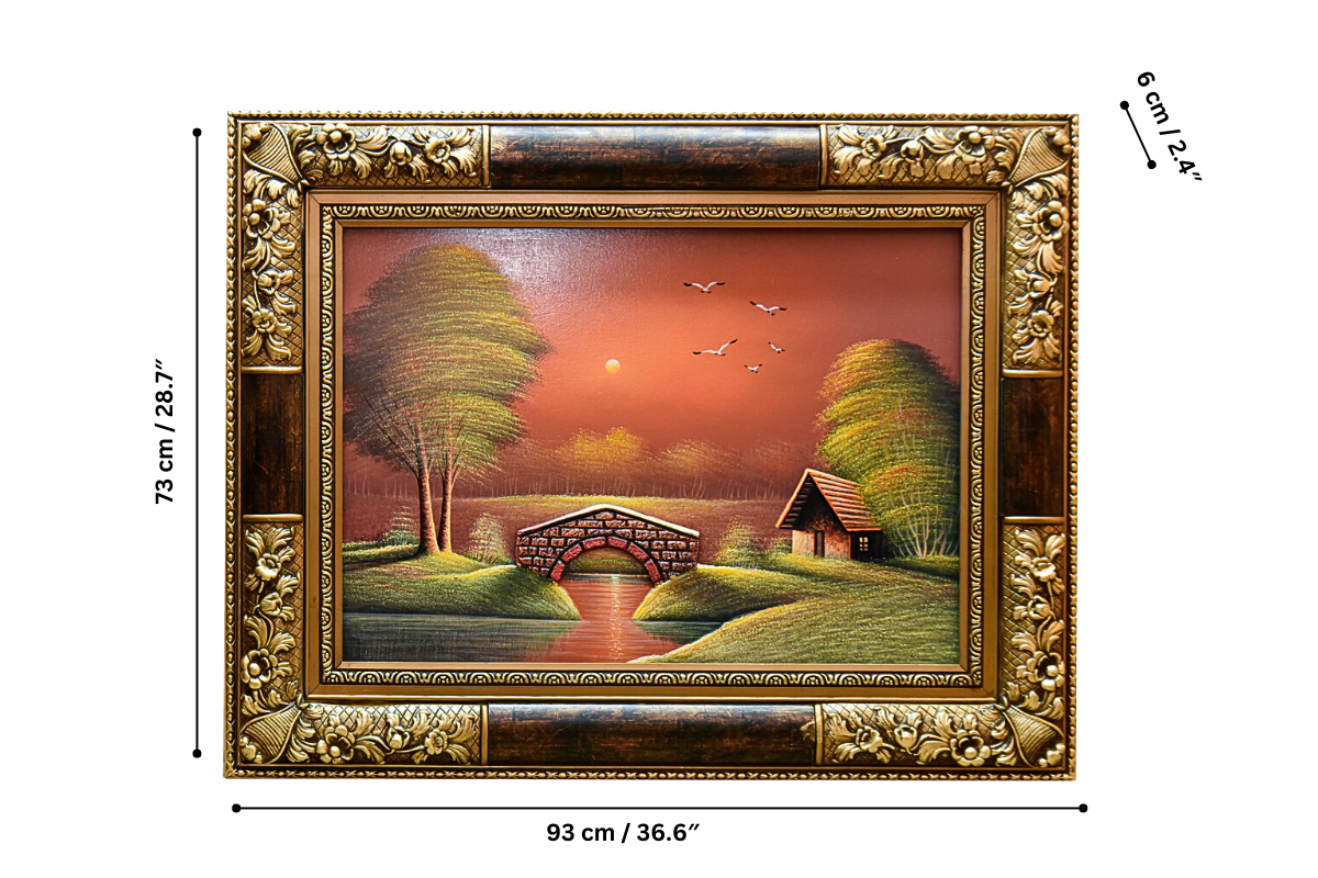 Transform your space with this stunning hand-painted wall art from Handmade EGY. Featuring a serene riverside scene with a 3D bridge, framed in an elegant gold frame and wood finish. Crafted on wood for lasting durability. Ready framed with free UK delivery and worldwide shipping. Shop now to elevate your wall decor!