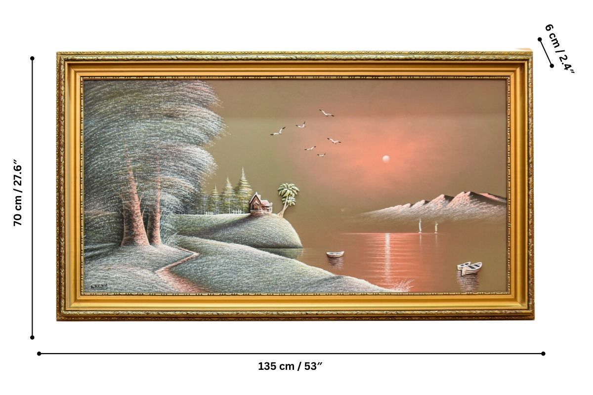 Enhance your home with this stunning hand-painted wall art from Handmade EGY. Featuring a tranquil sunset lakeside scene with 3D elements, framed in an elegant gold frame and crafted on wood for lasting durability. Ready to hang oil painting with free UK delivery and global shipping. Shop now to elevate your wall decor!
