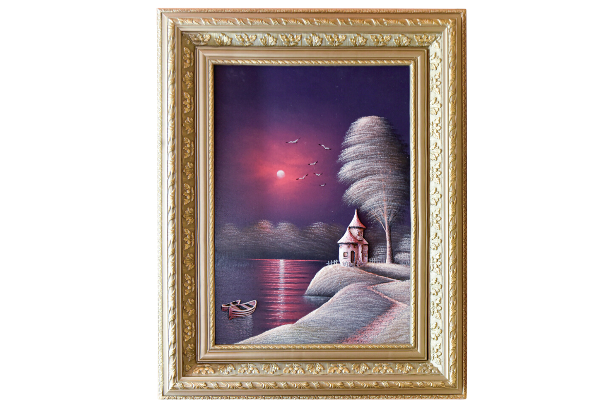 Elevate your home with this captivating hand-painted wall art from Handmade EGY. Featuring a tranquil twilight lakeside scene in a luxurious champagne frame, crafted on wood for lasting durability. Ready to hang, with free UK delivery and international shipping. Shop now to enrich your wall decor with timeless elegance!
