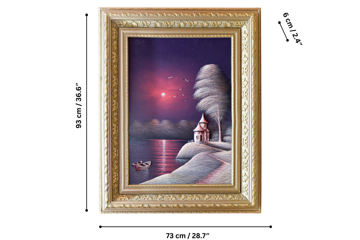 Elevate your home with this captivating hand-painted wall art from Handmade EGY. Featuring a tranquil twilight lakeside scene in a luxurious champagne frame, crafted on wood for lasting durability. Ready to hang, with free UK delivery and international shipping. Shop now to enrich your wall decor with timeless elegance!