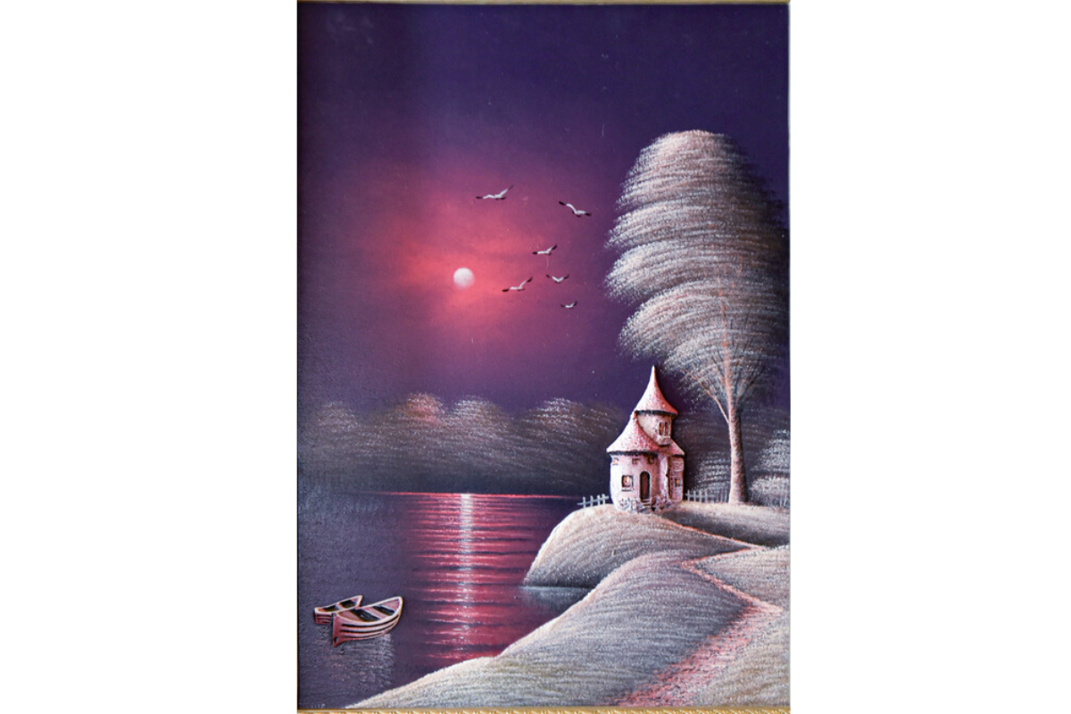 Elevate your home with this captivating hand-painted wall art from Handmade EGY. Featuring a tranquil twilight lakeside scene in a luxurious champagne frame, crafted on wood for lasting durability. Ready to hang, with free UK delivery and international shipping. Shop now to enrich your wall decor with timeless elegance!