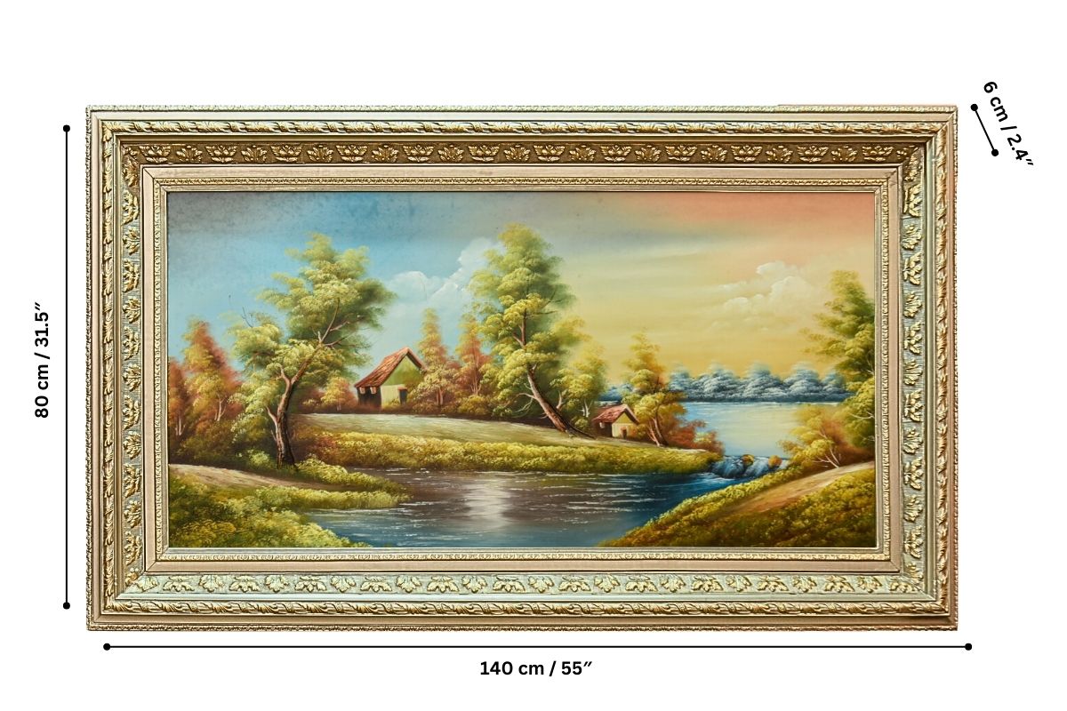 Transform your home with this hand-painted oil painting from Handmade EGY. Featuring a tranquil lakeside scene framed in elegant champagne, it’s painted on durable wood for long-lasting beauty. Ready to hang and handcrafted in Egypt. Shop now to add timeless charm and serenity to your space