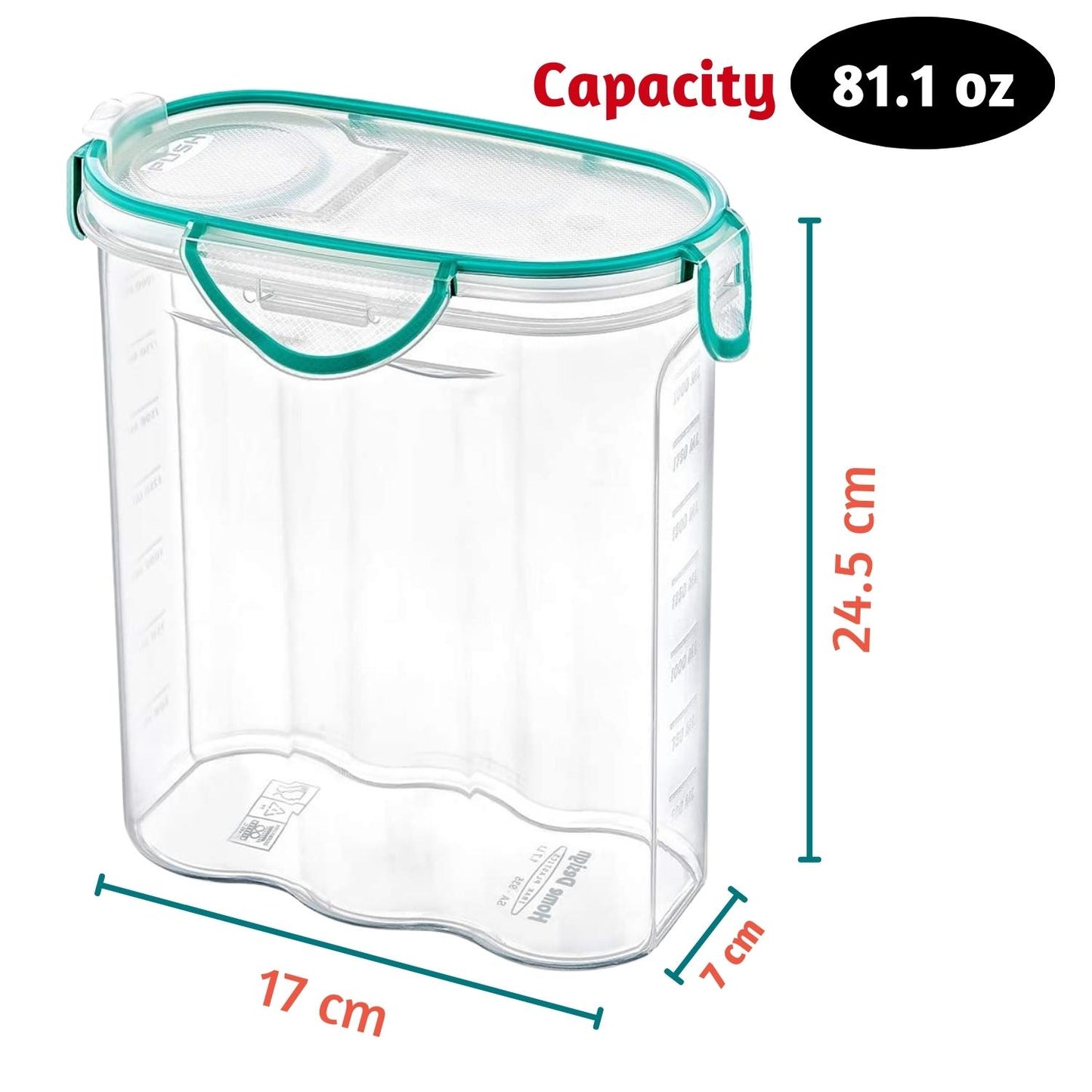 SET of 2 (2.4LT) Cereal Food Storage Container, Air tight with Lid & Clips