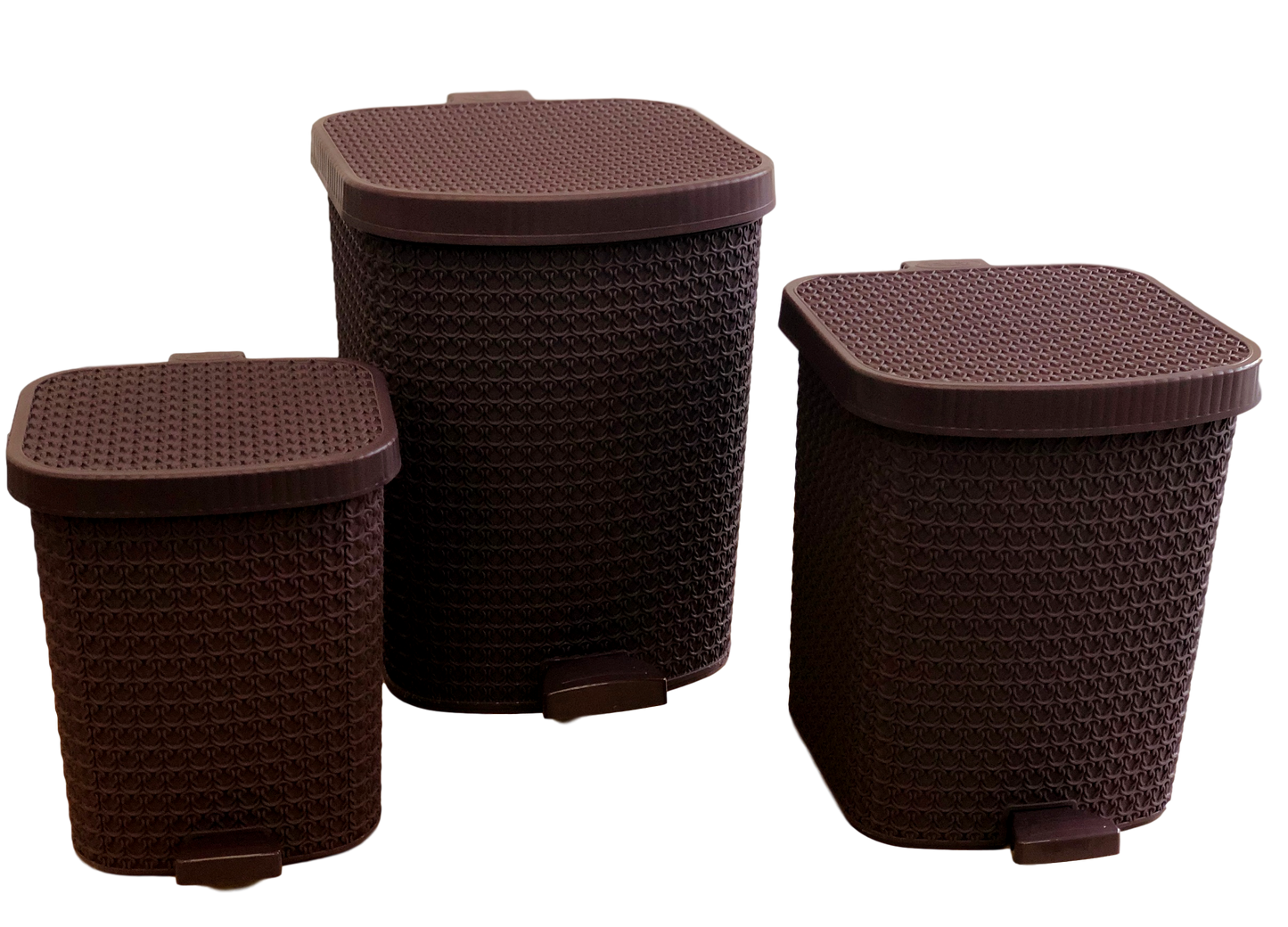 Set of 3 Knit Design Pedal Dustbin with Lid Includes Plastic Inner Bucket