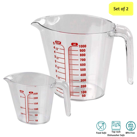 2pc Plastic Measuring Jug Set Stackable with Handle 1L and 250ml Kitchen Cups