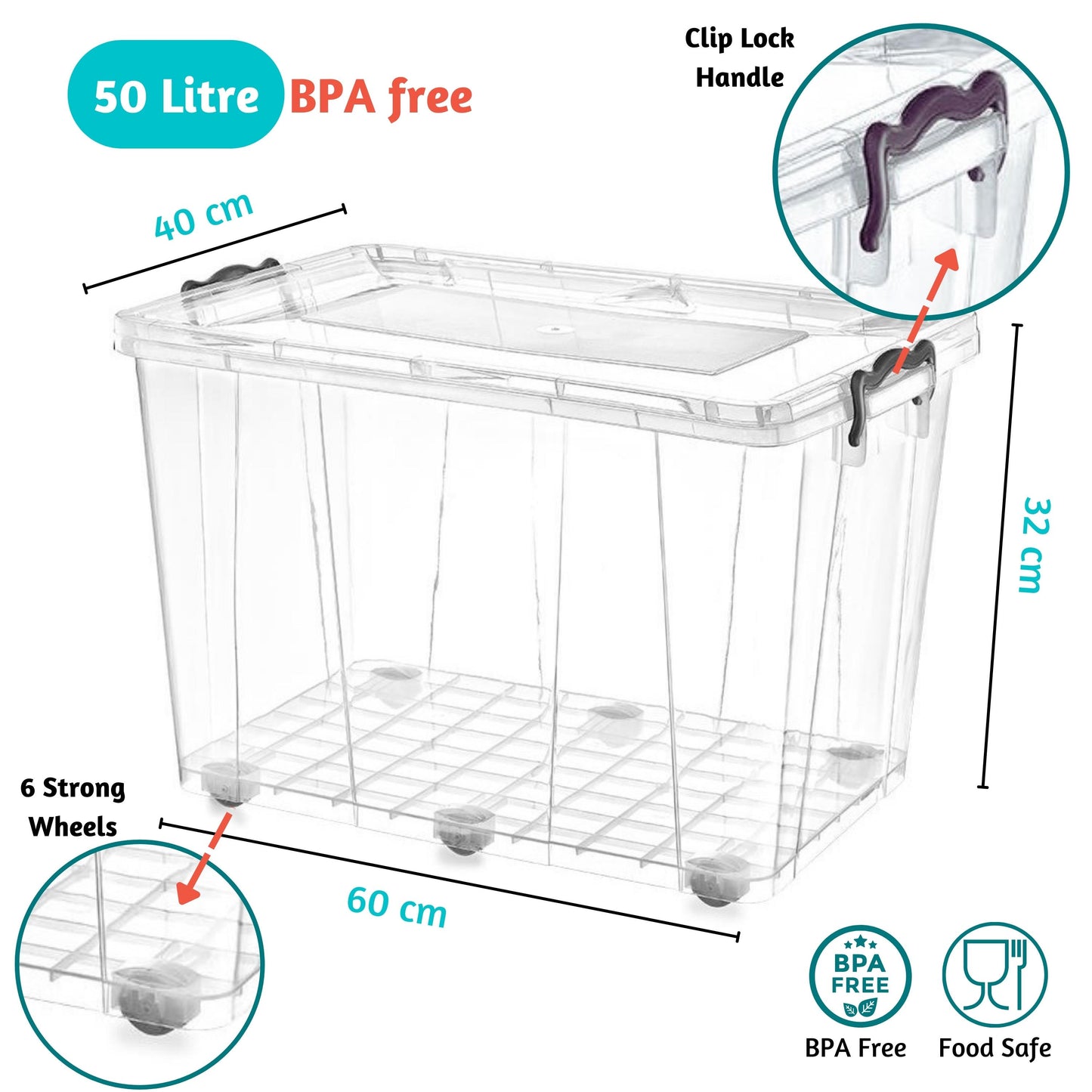 Clear Plastic Storage box with lid on wheels, Food Safe, Clip Locked, BPA free