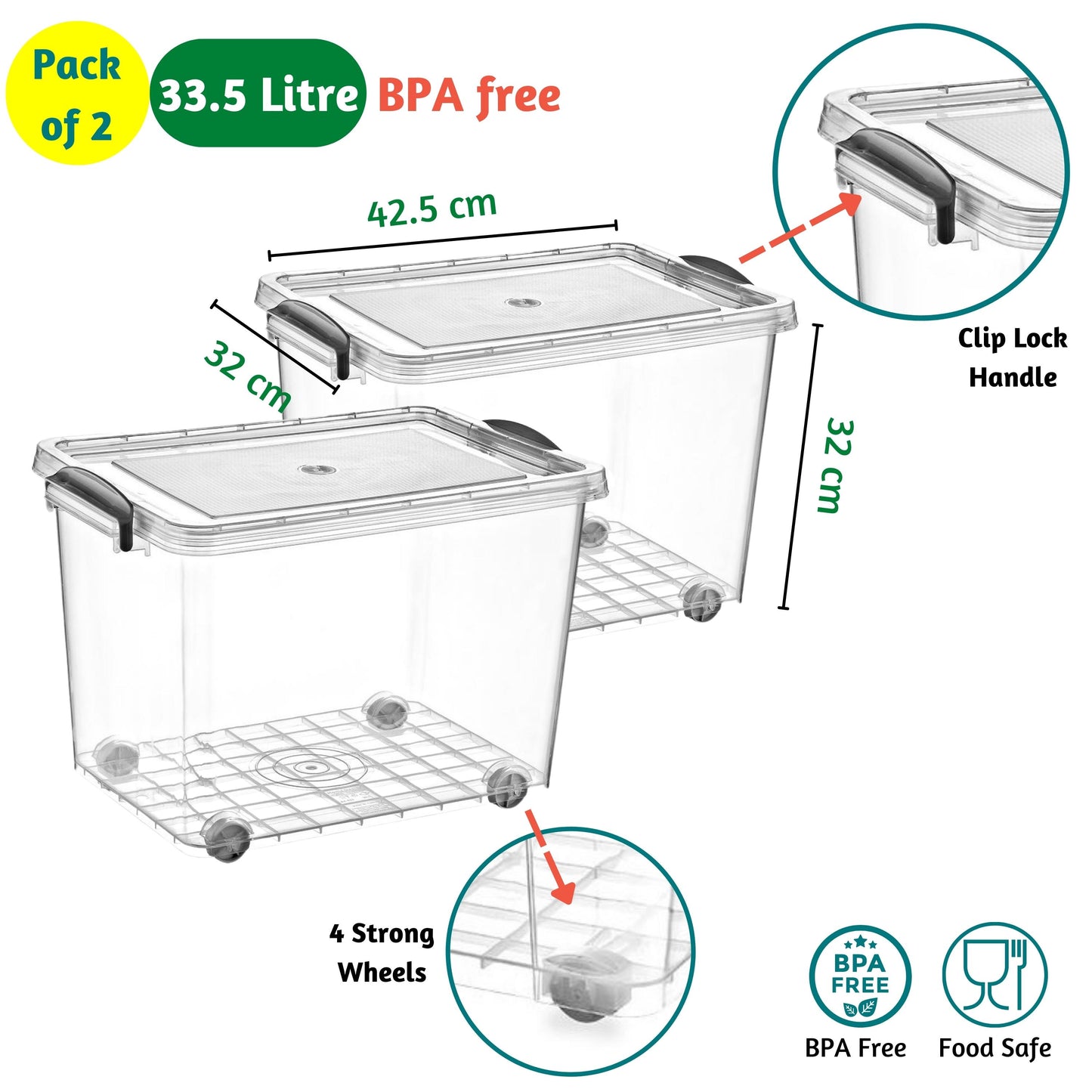 Clear Plastic Storage box with lid on wheels, Food Safe, Clip Locked, BPA free