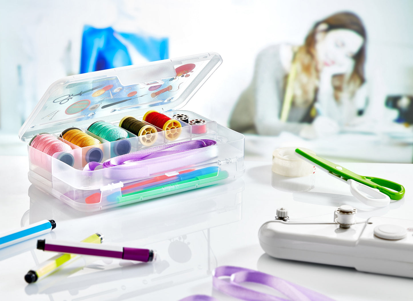 SET of 2 Medium Plastic Sewing Box, Pencil, Pens, Accessories, Storing & Organising