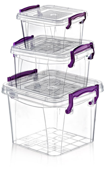 Set of 3 Pantry Food Storage Box Container with Clear Lid clip lock