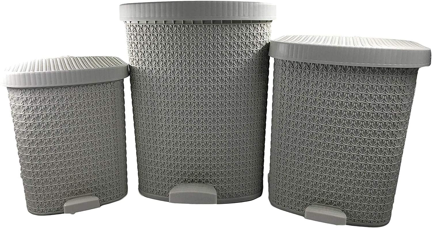 Set of 3 Knit Design Pedal Dustbin with Lid Includes Plastic Inner Bucket