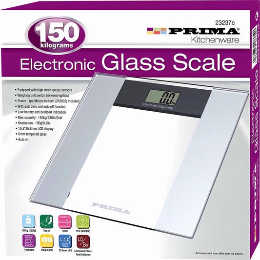 Prima White Glass Scales Digital Display LCD Bathroom Scale Weighing Machine150Kg