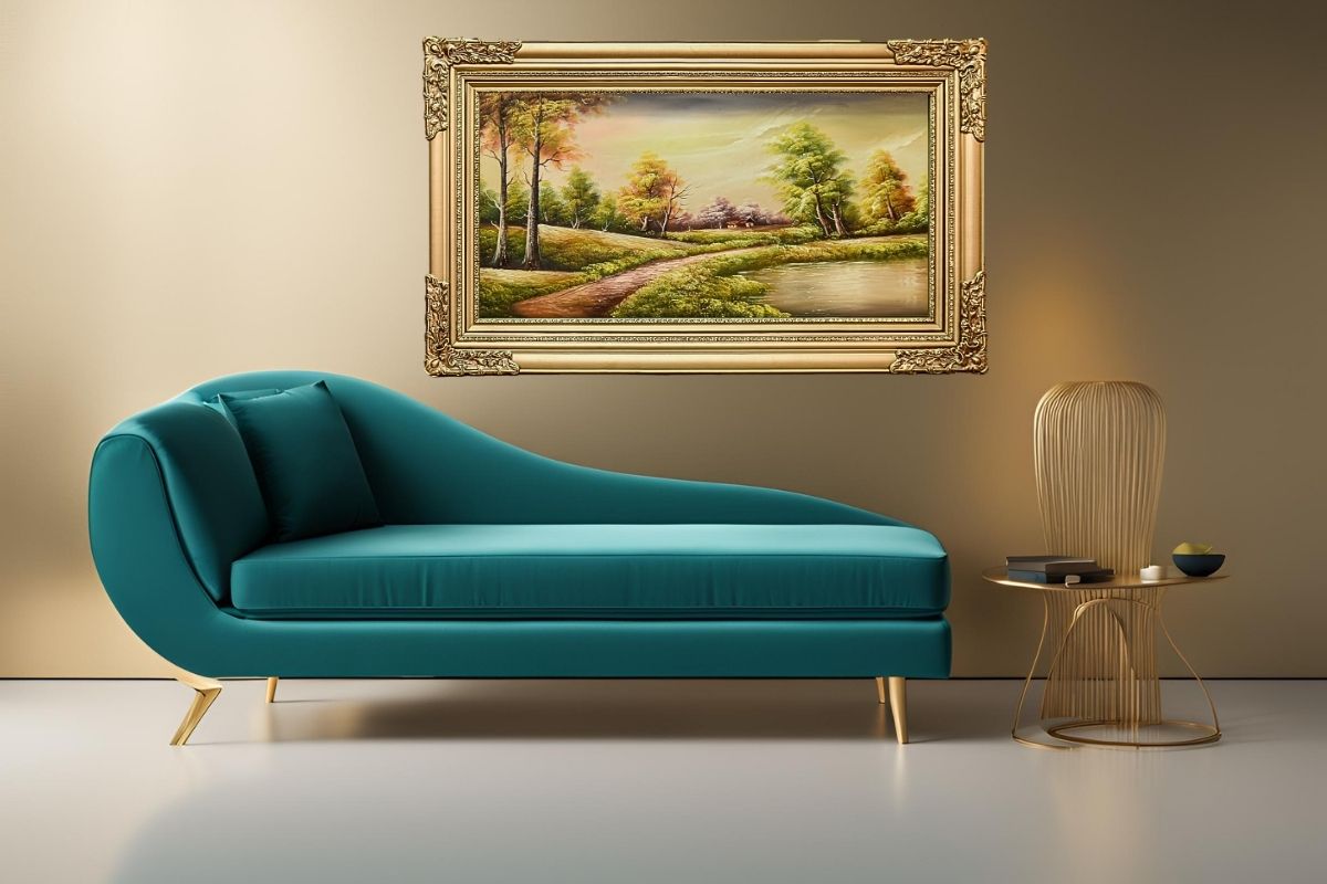 Discover the serene beauty of our hand-painted oil painting featuring a verdant lakeside scene. This classical landscape artwork, complete with an elegant ready to hang golden frame, is perfect for adding tranquility and elegance to any space. Shop now for unique wall art and elevate your home decor.
