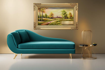 Discover the serene beauty of our hand-painted oil painting featuring a verdant lakeside scene. This classical landscape artwork, complete with an elegant ready to hang golden frame, is perfect for adding tranquility and elegance to any space. Shop now for unique wall art and elevate your home decor.