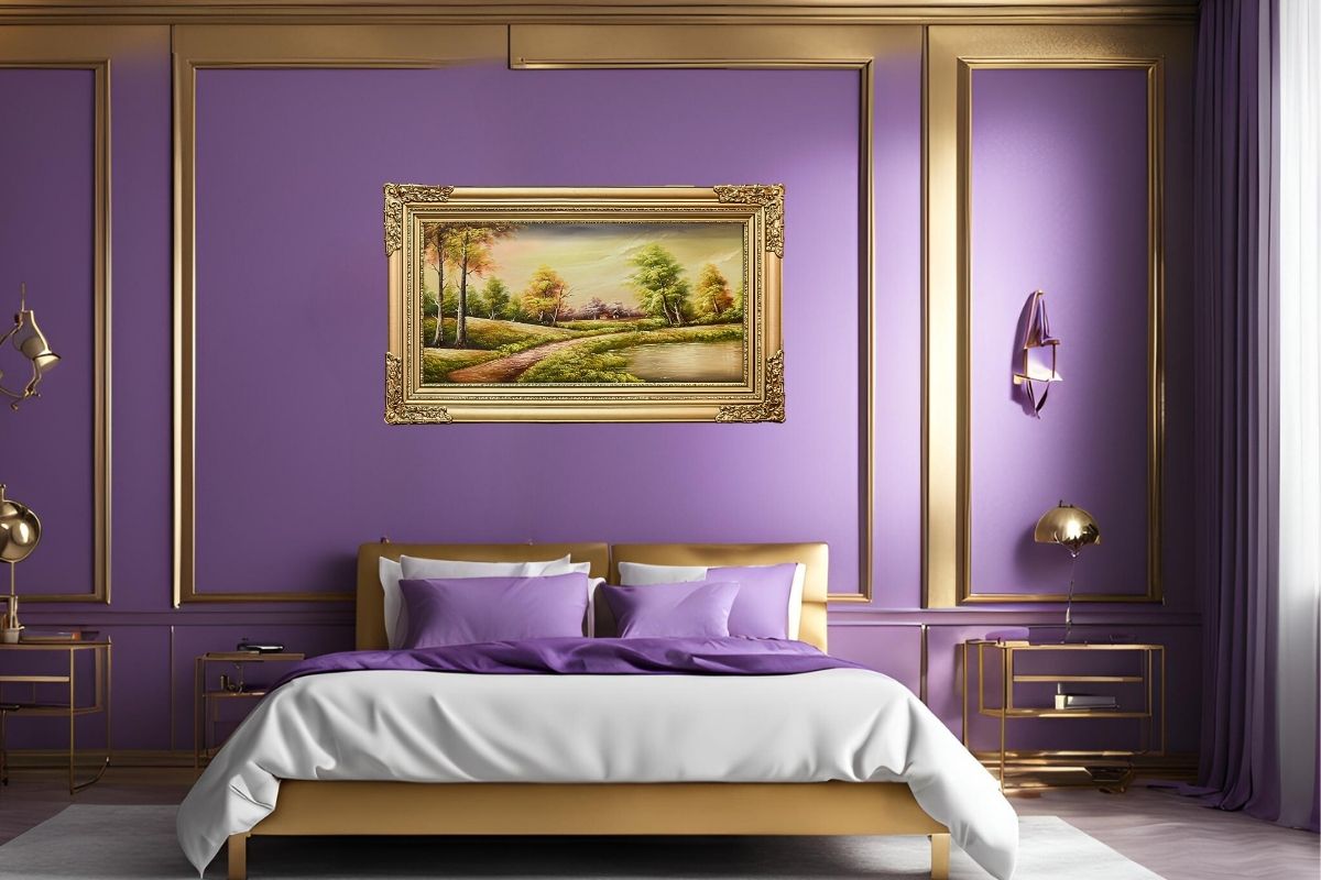 Discover the serene beauty of our hand-painted oil painting featuring a verdant lakeside scene. This classical landscape artwork, complete with an elegant ready to hang golden frame, is perfect for adding tranquility and elegance to any space. Shop now for unique wall art and elevate your home decor.