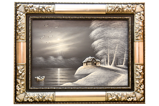 Add a touch of sophistication to your decor with this hand-painted oil painting. Showcasing a serene moonlit lakeside scene in a refined silver frame, it’s crafted on durable wood for lasting beauty. Ready to hang with free UK delivery and worldwide shipping. Order online for tranquil elegance! Handmade EGY, London, UK