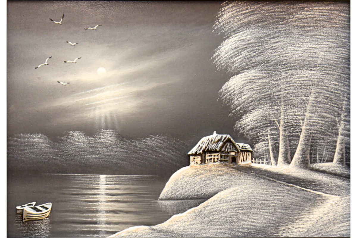 Add a touch of sophistication to your decor with this hand-painted oil painting. Showcasing a serene moonlit lakeside scene in a refined silver frame, it’s crafted on durable wood for lasting beauty. Ready to hang with free UK delivery and worldwide shipping. Order online for tranquil elegance! Handmade EGY, London, UK