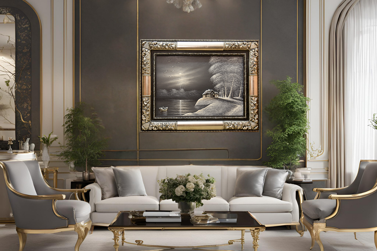 Add a touch of sophistication to your decor with this hand-painted oil painting. Showcasing a serene moonlit lakeside scene in a refined silver frame, it’s crafted on durable wood for lasting beauty. Ready to hang with free UK delivery and worldwide shipping. Order online for tranquil elegance! Handmade EGY, London, UK