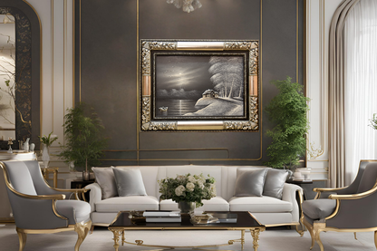 Add a touch of sophistication to your decor with this hand-painted oil painting. Showcasing a serene moonlit lakeside scene in a refined silver frame, it’s crafted on durable wood for lasting beauty. Ready to hang with free UK delivery and worldwide shipping. Order online for tranquil elegance! Handmade EGY, London, UK