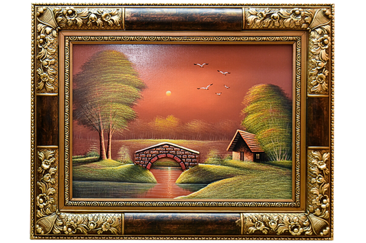 Transform your space with this stunning hand-painted wall art from Handmade EGY. Featuring a serene riverside scene with a 3D bridge, framed in an elegant gold frame and wood finish. Crafted on wood for lasting durability. Ready framed with free UK delivery and worldwide shipping. Shop now to elevate your wall decor!