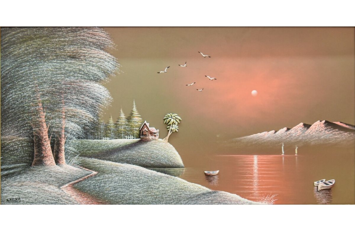 Enhance your home with this stunning hand-painted wall art from Handmade EGY. Featuring a tranquil sunset lakeside scene with 3D elements, framed in an elegant gold frame and crafted on wood for lasting durability. Ready to hang oil painting with free UK delivery and global shipping. Shop now to elevate your wall decor!