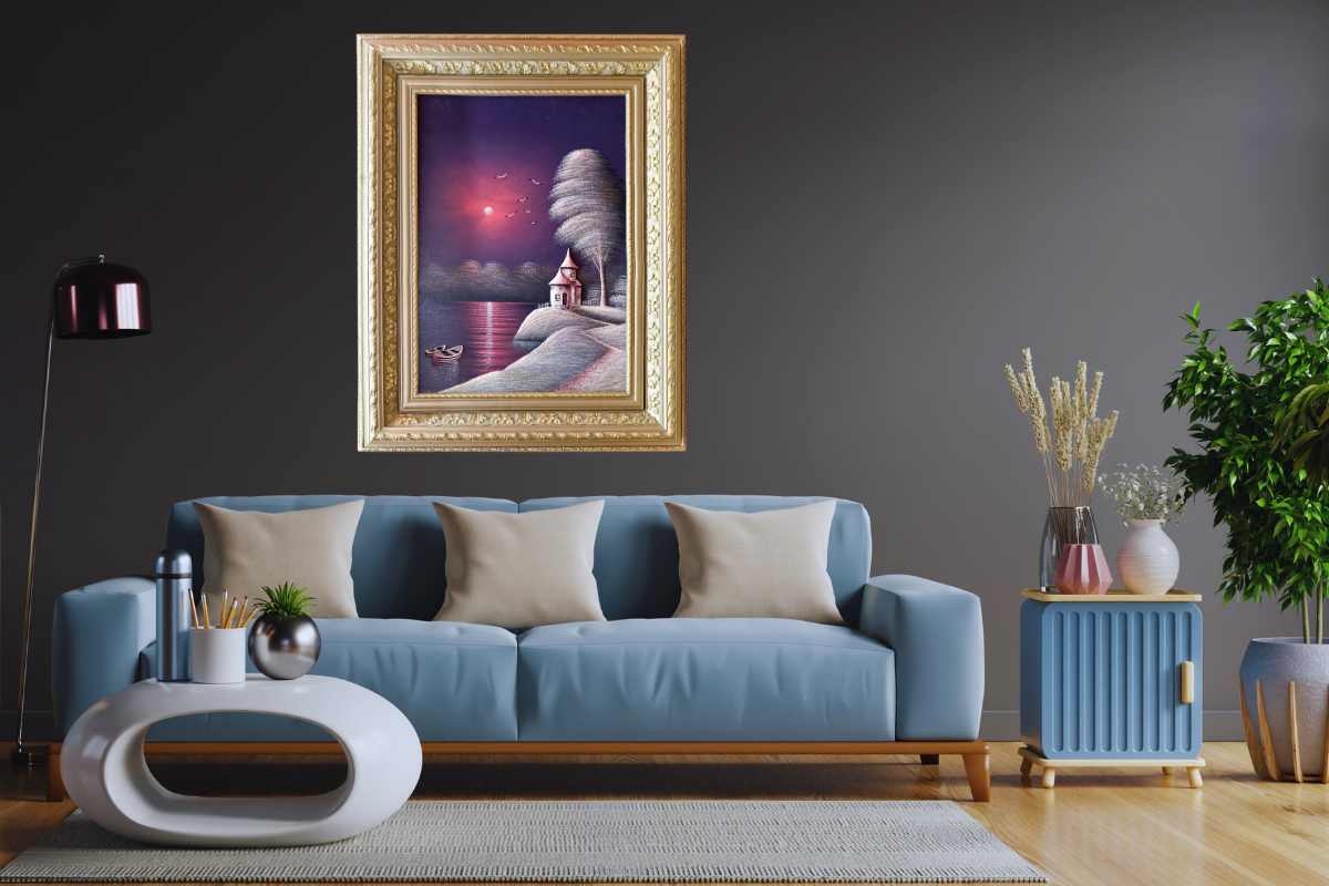 Elevate your home with this captivating hand-painted wall art from Handmade EGY. Featuring a tranquil twilight lakeside scene in a luxurious champagne frame, crafted on wood for lasting durability. Ready to hang, with free UK delivery and international shipping. Shop now to enrich your wall decor with timeless elegance!