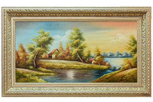 Transform your home with this hand-painted oil painting from Handmade EGY. Featuring a tranquil lakeside scene framed in elegant champagne, it’s painted on durable wood for long-lasting beauty. Ready to hang and handcrafted in Egypt. Shop now to add timeless charm and serenity to your space