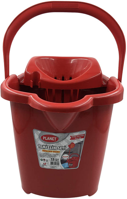 15 LT Plastic Cleaning Bucket with Handle and Wheels, Mop Floor Pail Wringer