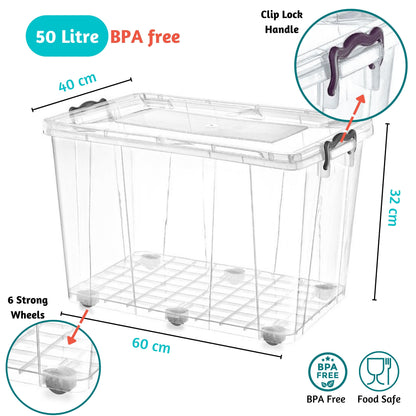 Clear Plastic Storage box with lid on wheels, Food Safe, Clip Locked, BPA free