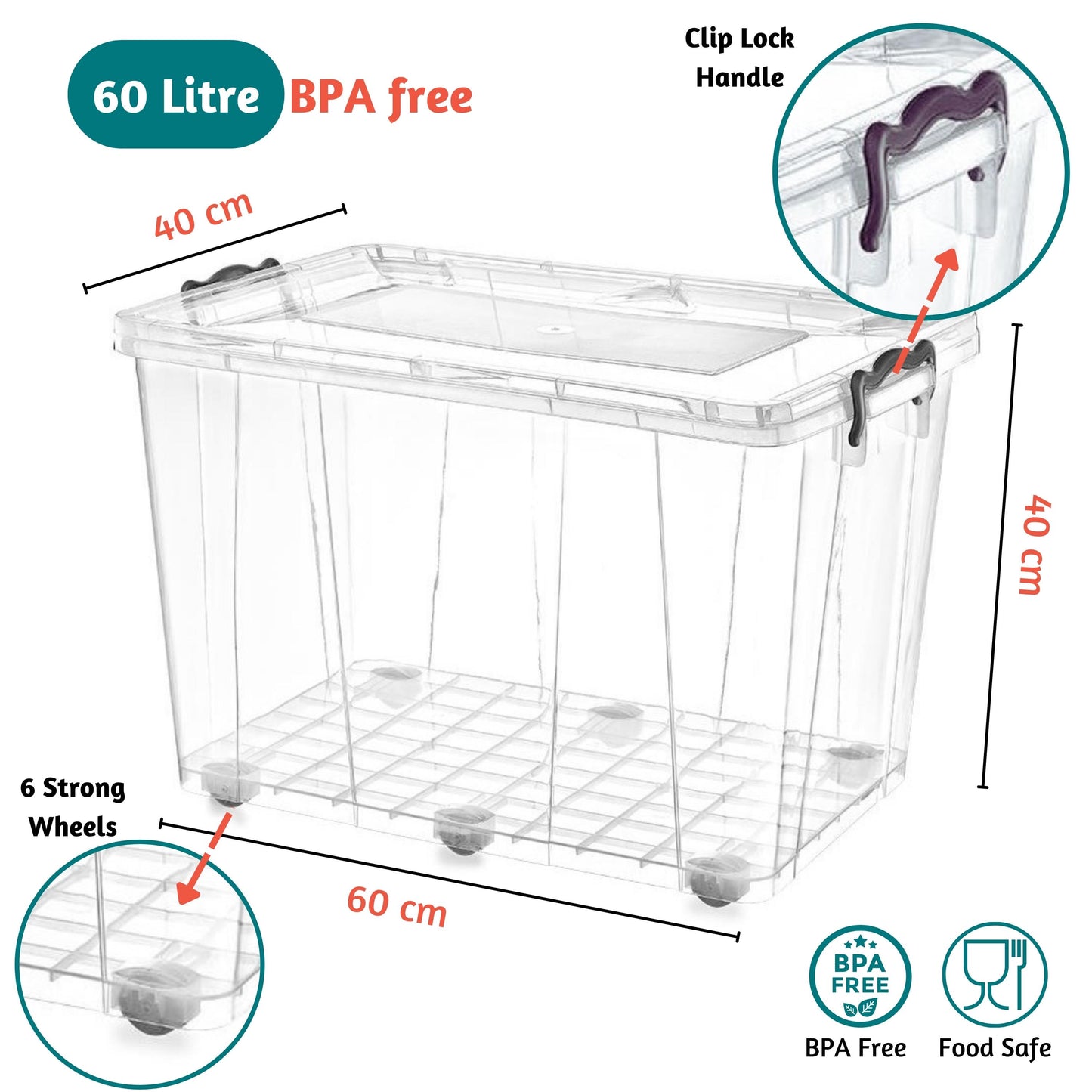 Clear Plastic Storage box with lid on wheels, Food Safe, Clip Locked, BPA free