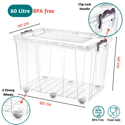 Clear Plastic Storage box with lid on wheels, Food Safe, Clip Locked, BPA free