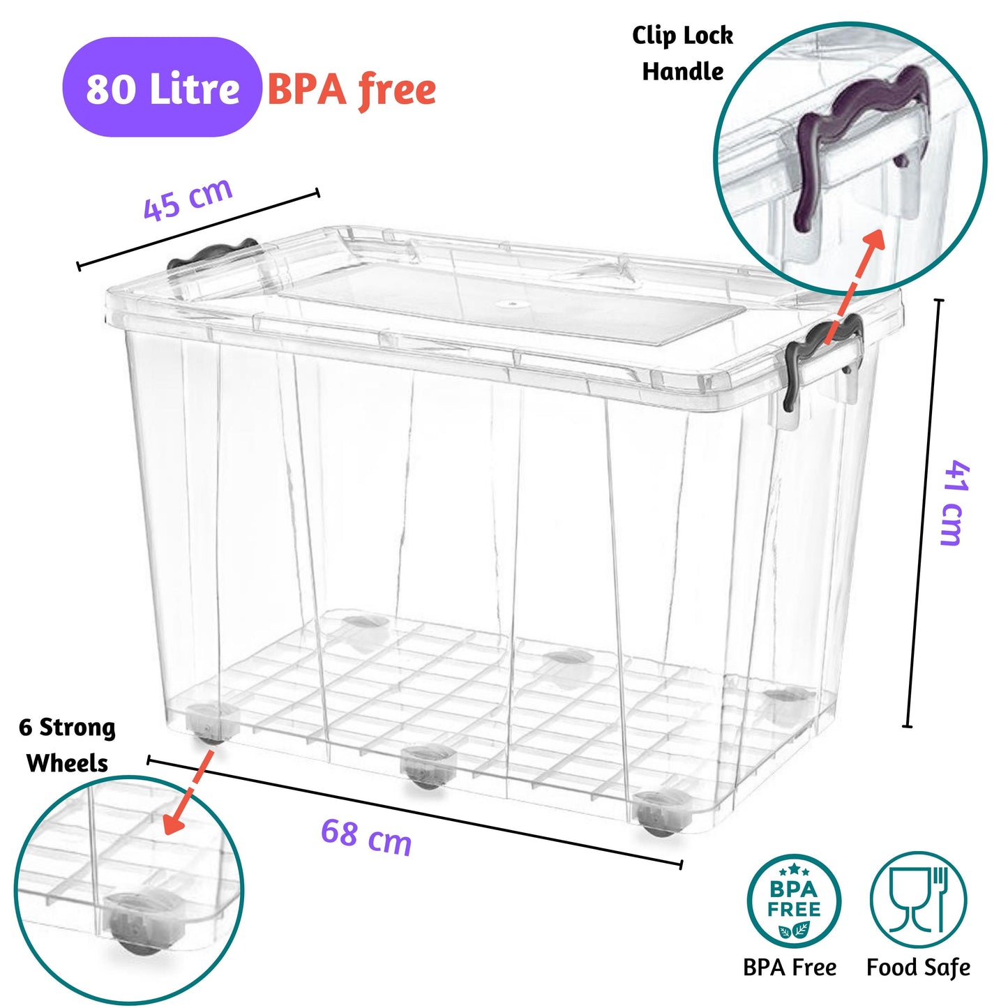 Clear Plastic Storage box with lid on wheels, Food Safe, Clip Locked, BPA free